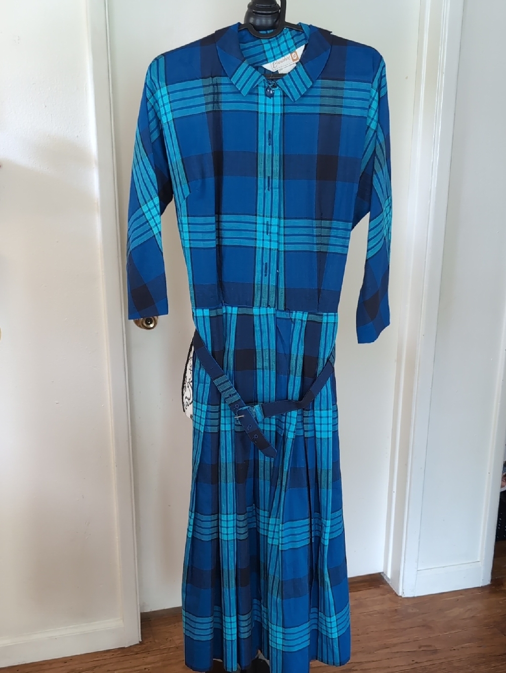 1950 Vintage Blue Plaid Button Down Dress